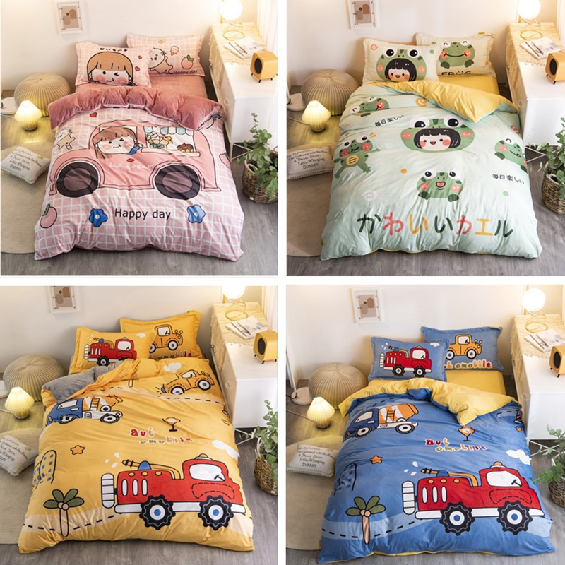 ins Korean cartoon milk suede children's four sets cute baby suede quilt cover autumn winter warm suede dormitory 3 pieces