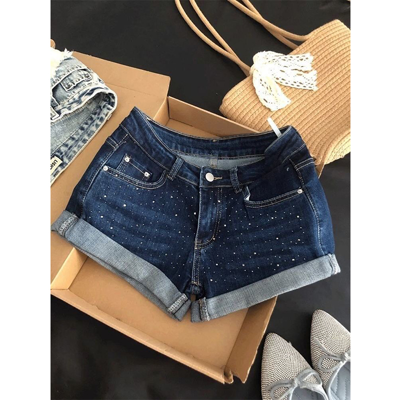 Dark Blue Rhinestone Starry Edge Denim Shorts for Women, Summer Low-Waist Tight Sexy Hip-Hugging Hot Pants Dark Blue Rhinestone Starry Edge Denim Shorts for Women, Summer Low-Waist Tight Sexy Hip-Hugging Hot Pants