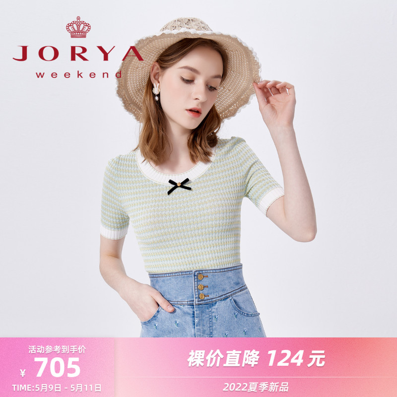 Zhuoja over the weekend 2022 Summer new butterfly knot round collar Coloured striated dress with short sleeve pin-knitted sweatshirt EJWCBR81