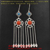 Tibetan sterling silver earrings Earrings drop earrings tassel pendant headdress inlaid with simulation gems Tibetan Tibetan style 