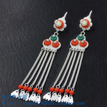 Tibetan sterling silver earrings stud earrings handmade inlaid simulation gem earrings Vintage ethnic style