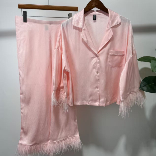 B-10 Sexy Pajamas for Women, All Year Round, Satin Ostrich Feathers, Can Be Worn Outside, Home Wear Set