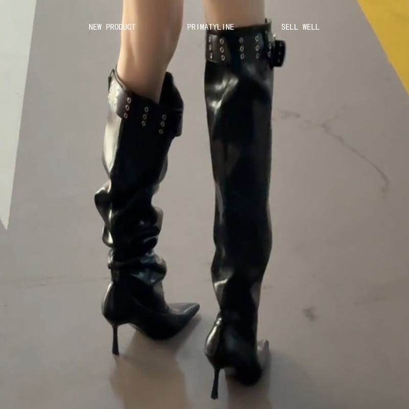 Sheepskin Version! Over-The-Knee Boots with Belt Buckle, Large Shaft, Slouchy Boots, Black Riding Boots for Women, Pointed Toe, Stiletto High Heel Boots