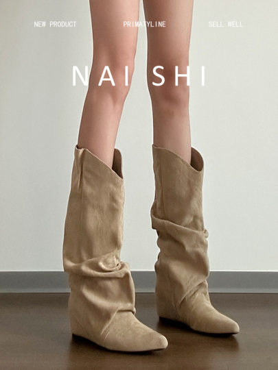 羊皮版！棕色西部牛仔靴百搭废土风堆堆靴女内增高显瘦复古长靴