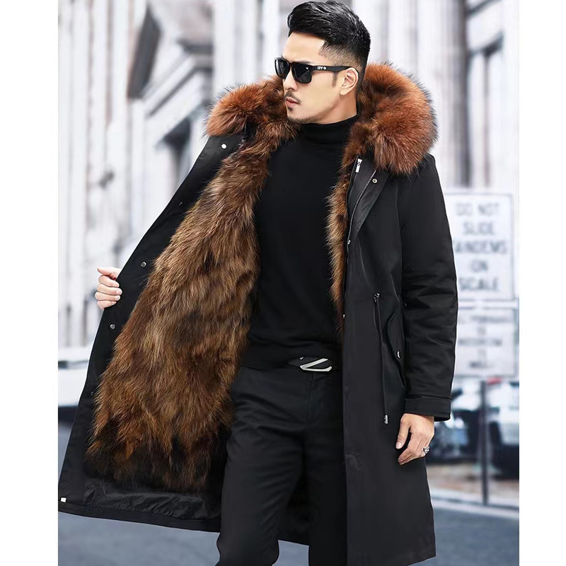 Men's Parka Detachable Winter Coat with Faux Fox Fur Lining, Faux Fur Mid-Length Style, Mink Fur Integrated