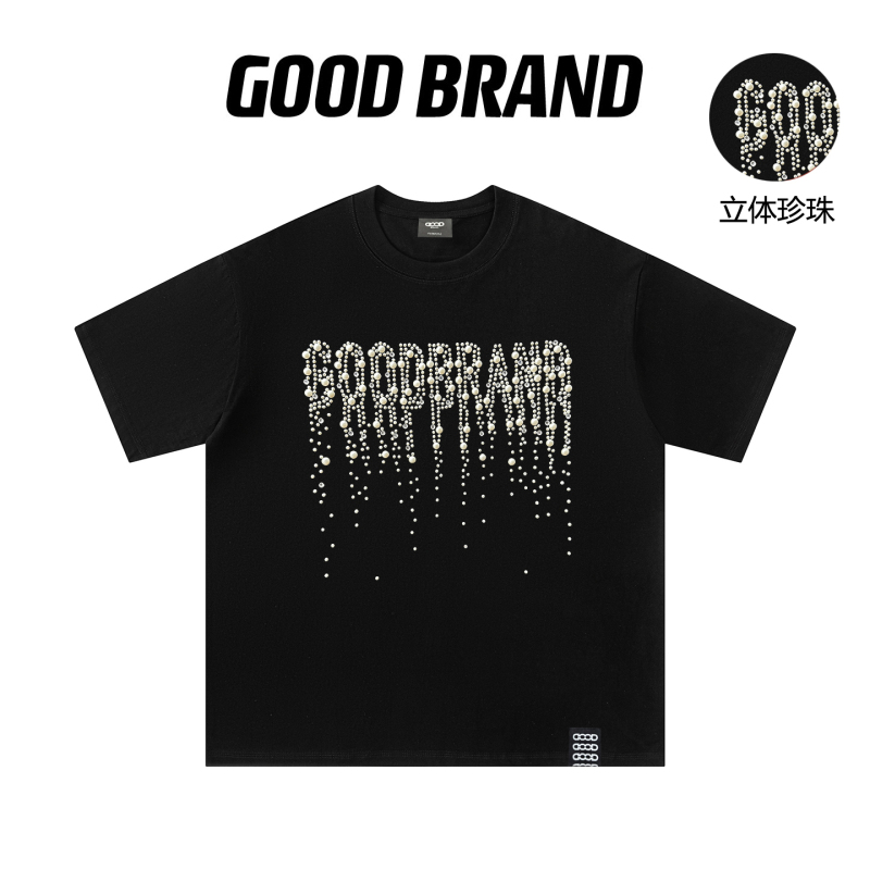 Good Brand Official Website official store Starlight Spot Three-Dimensional Pearl Rhinestone Short Sleeve Pure Cotton T-Shirt Unisex Trendy Brand