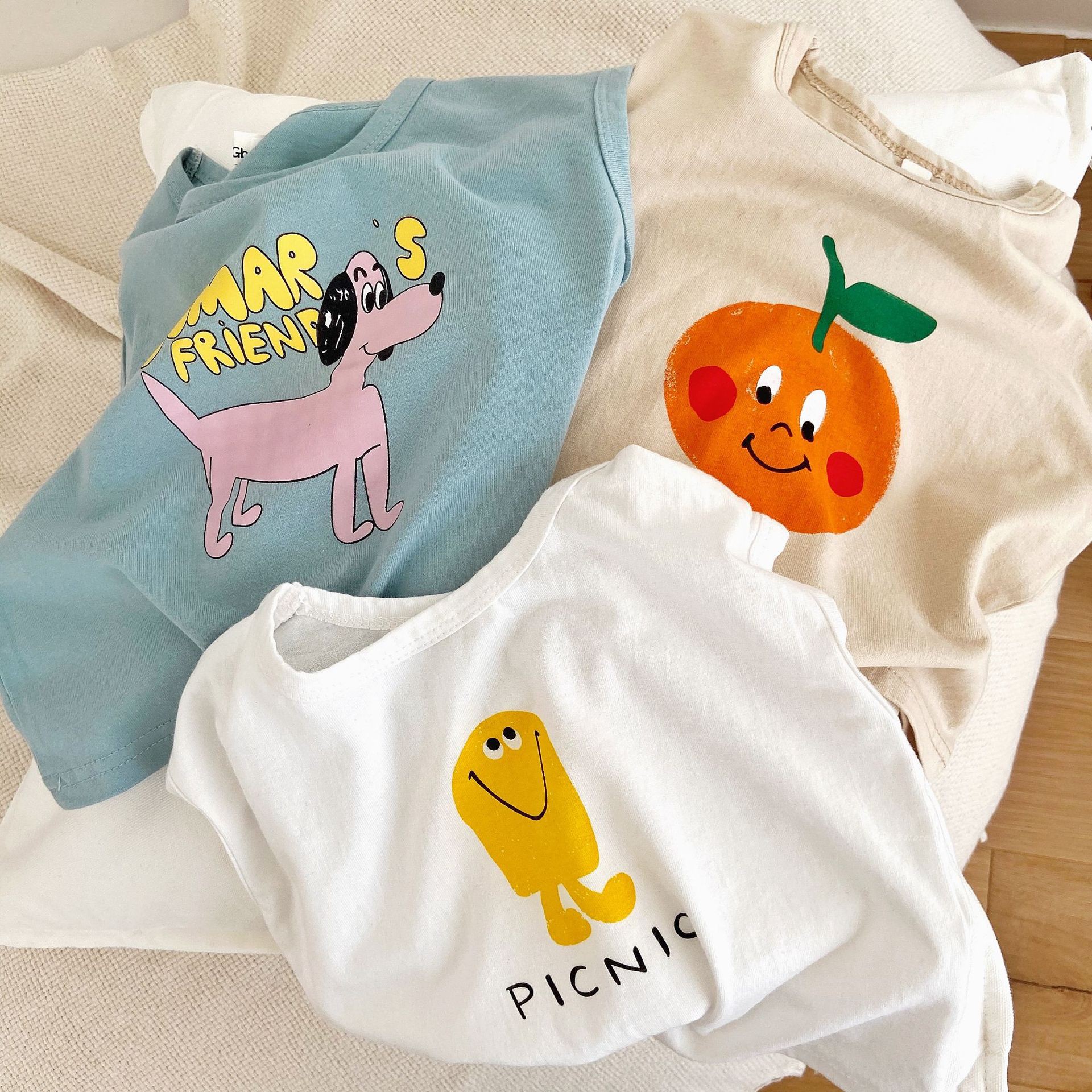 Summer New Children's Vest in Style Korean Tide Boy and Girl Sleeveless T-shirt Cartoon Pure Cotton Cotton Cotton Cotton Cotton Cotton