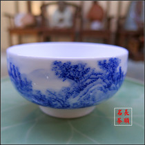 Landscape boat flying bird wonderful hand blue and white nine-section burning exquisite Bowl hand-painted Master Cup Jingdezhen porcelain Shunfeng