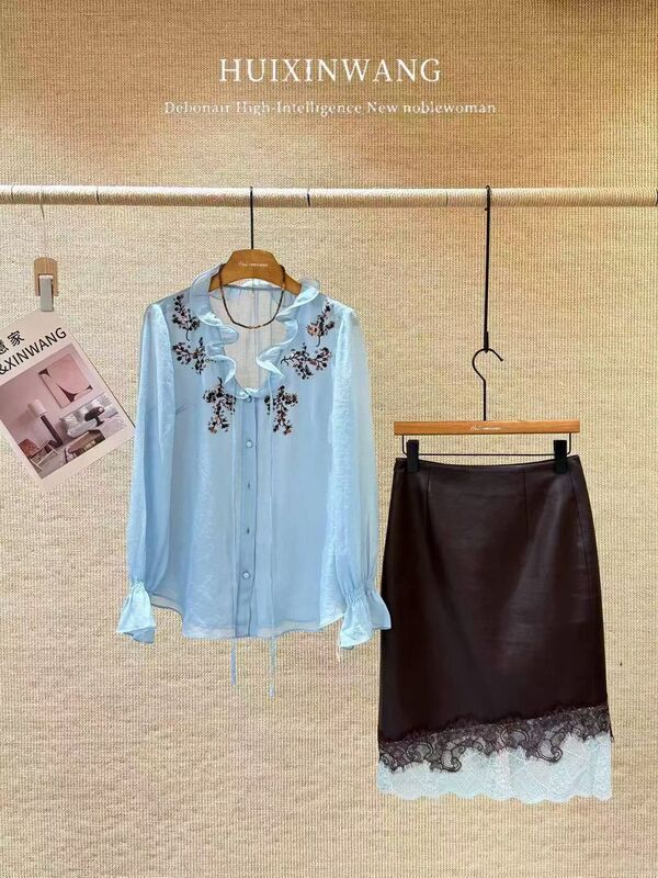 Shenzhen Nanyou Original Authentic Women's Clothing 2026 Early Autumn New French Style Shirt with Ruffled Sequin Embroidery Blouse Top