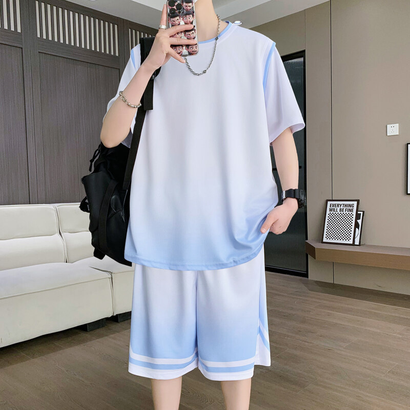 Quick-Drying Ice Silk Sports Suit Men's Summer Junior High School and High School Student Basketball Uniform Youth Short-Sleeved Shorts Two-Piece Set