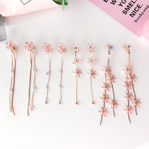 Ultra 100 Hitch Pink Ensemble Cherry Blossom Zircons Stones Wave Flow Su Flowers Earrings S925 Silver Needle Pearl Chain Earrings Woman