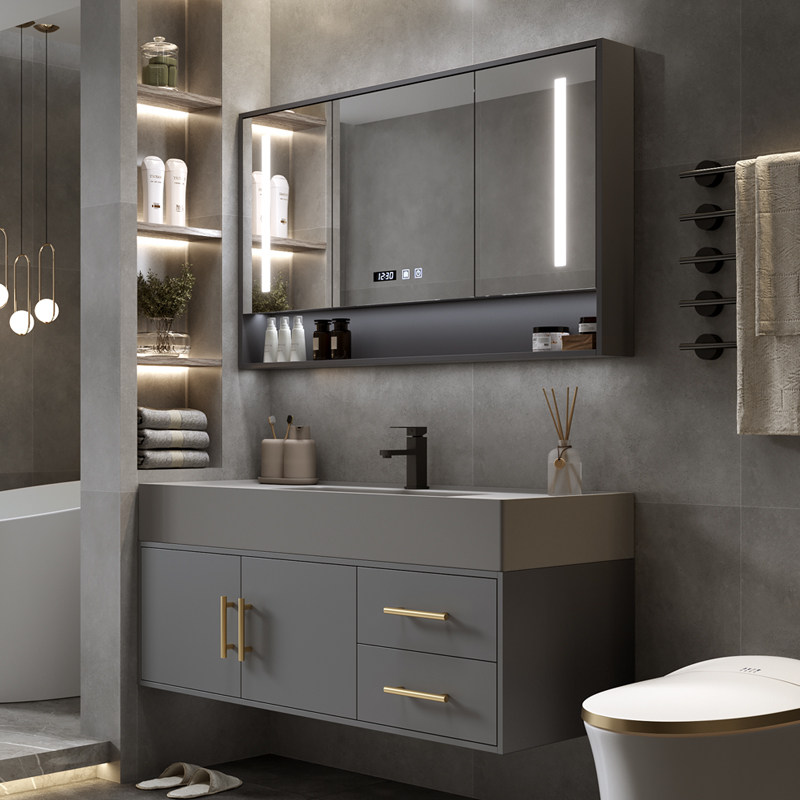 Modern light luxury bathroom cabinet mirror cabinet combination simple stone integrated wash basin wash basin powder room sink wash floor