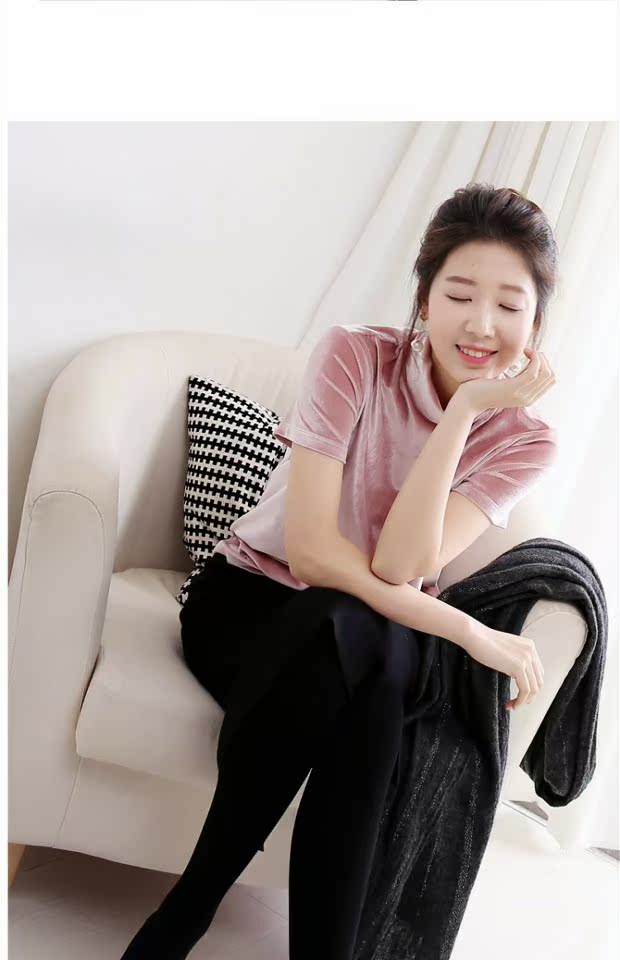Nhật Bản 18 mùa xuân mới nửa cao cổ áo nhung nhung Áo thun nữ tay ngắn nhỏ rộng màu hoang dã mỏng chạm đáy áo voan kiểu hàn quốc