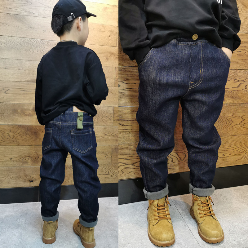 Boy plus velvet cowboy pants Korean version 2021 Winter plus one velvet small middle boy boy children's trousers tide