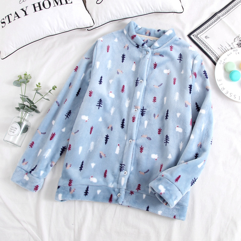 Flannel đồ ngủ đơn mảnh hàng đầu của phụ nữ mùa thu và mùa đông mà không có cổ áo san hô lông cừu dịch vụ nhà dày cộng với nhung vòng cổ đồ lót nhiệt đồ bộ nam