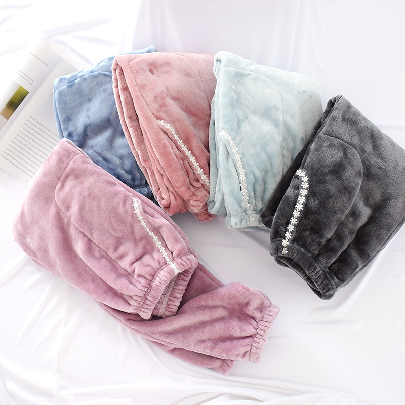 Autumn and winter pajamas women's thick flannel small feet close home pants large size solid color coral velvet warm drawstring pants