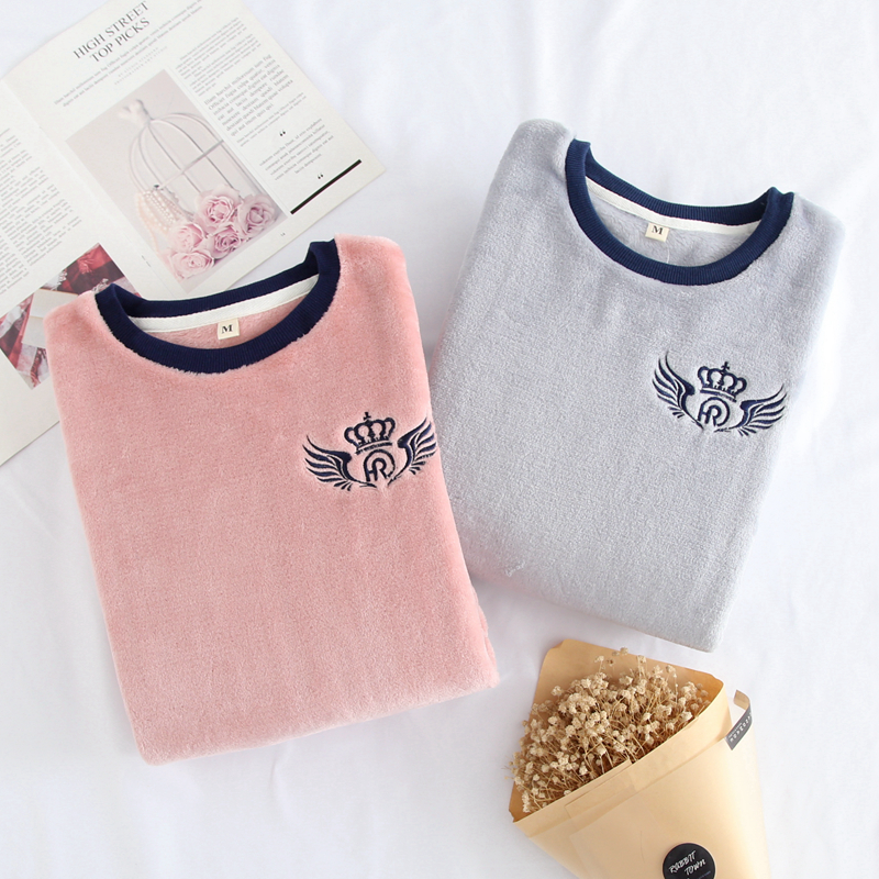 Flannel one-piece pajama top men and women autumn and winter large size plus velvet warm collarless pullover Coral velvet home clothes