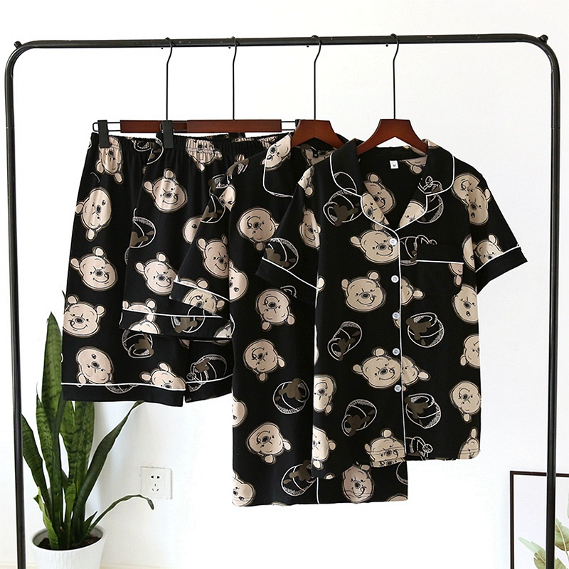 Cặp đôi đồ ngủ phụ nữ mùa hè cotton ngắn tay quần đùi mỏng hai mảnh rộng rãi áo cardigan cotton kích thước lớn phục vụ nam giới - Cặp đôi