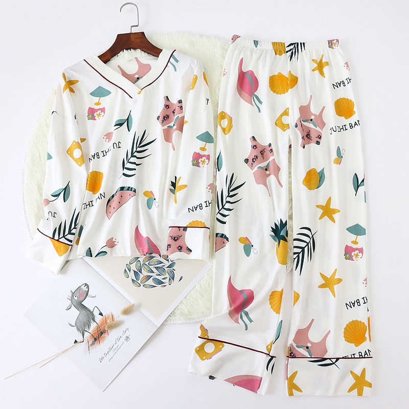 Cotton pajamas women's spring and autumn thin cotton long-sleeved collarless pullover home clothes loose girl middle-aged two-piece set winter