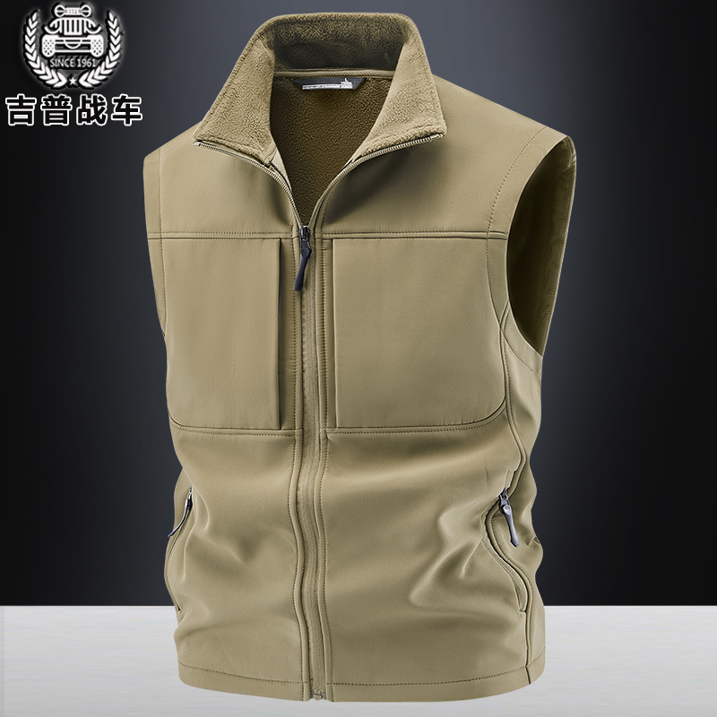 Soft-Shell Quick-Drying Waterproof Vest for Men, Middle-Aged and Elderly, Spring and Autumn Thin Velvet Vest, Loose Casual Stand-Up Collar Fishing Vest