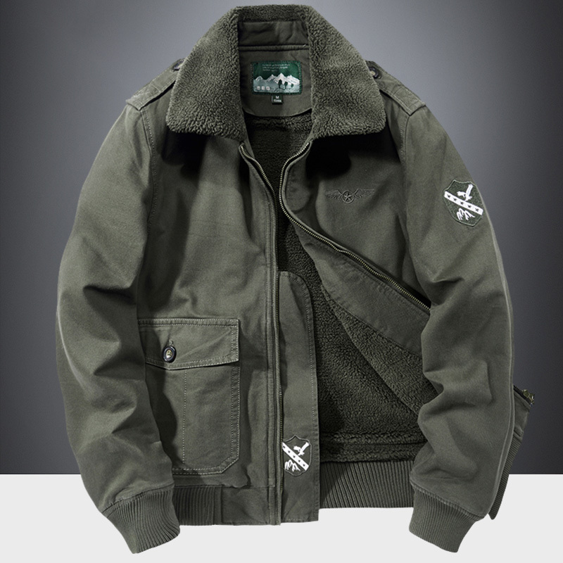 Men's Flight Jacket for Autumn and Winter, Fleece-Lined, Thickened, Loose Fit, Large Size, Fur Collar, Pure Cotton, Casual Warm Coat, Cotton Clothing