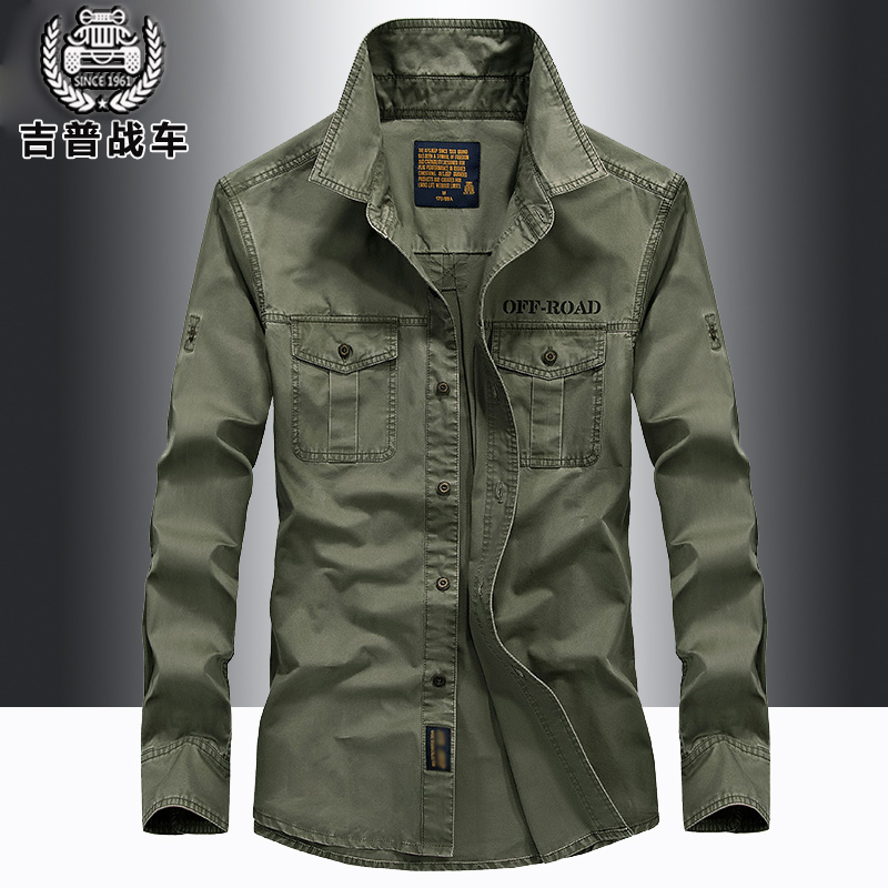 Men's Pure Cotton Shirt, Middle-Aged, Spring and Autumn Workwear, Multi-Pocket, Casual, Turn-Down Collar, Loose Fit, Long-Sleeved, Thin, Durable Top