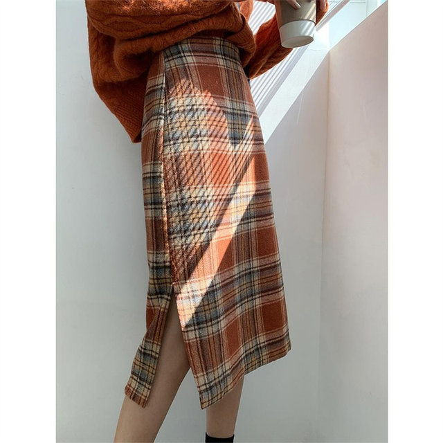 Woolen skirt women's autumn and winter 2022 new A-line plaid mid-length high waist slimming slit one step