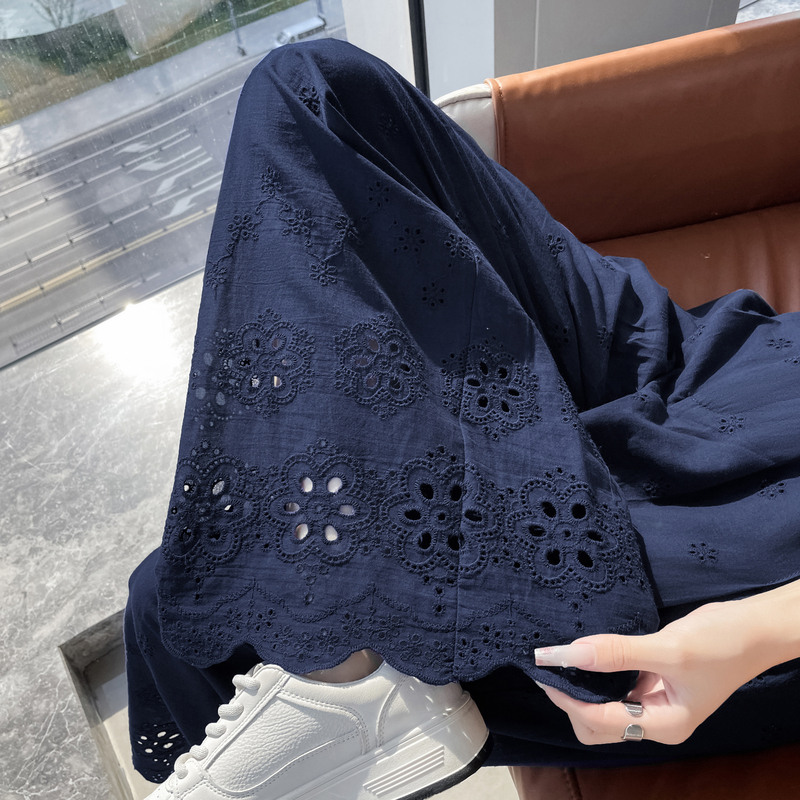 Navy Blue Lace Hollow Embroidery Wide-Leg Pants for Women, Summer 2026 New Casual Suit Pants with Drape and Floor-Length Design Navy Blue Lace Hollow Embroidery Wide-Leg Pants for Women, Summer 2026 New Casual Suit Pants with Drape and Floor-Length Design