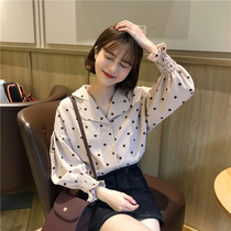 Spring Clothing Style Commuter Shirt Woman Design Sensation Small Crowd Light Cooked Retro Port Wind Easy Apricot Pink Polo Dot Long Sleeve Blouse