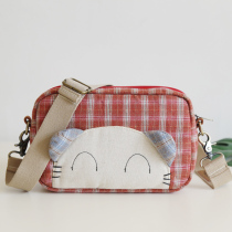 Han Edition Cloth Art Slant Satchel Bag Girl Cute Cartoon Cloth Bag Student 100 Hitch Cotton Numb Lattice Kitty Bag Bag
