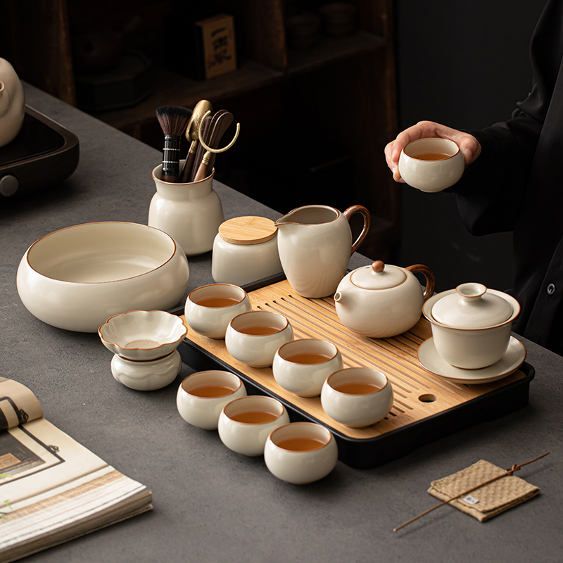 Beige Ru Kiln Kung Fu Tea Set for Home Use, Complete Ceramic Set with Teapot, Gaiwan, Tea Cups, and Office Tea Brewing Equipment Beige Ru Kiln Kung Fu Tea Set for Home Use, Complete Ceramic Set with Teapot, Gaiwan, Tea Cups, and Office Tea Brewing Equipment