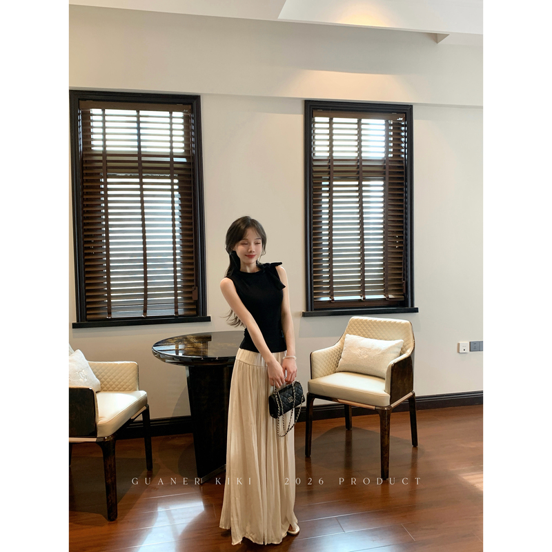 Kiki Tuberose French-Style Sleeveless Waist-Tie Top/Drape Pleated Midi Skirt for Women