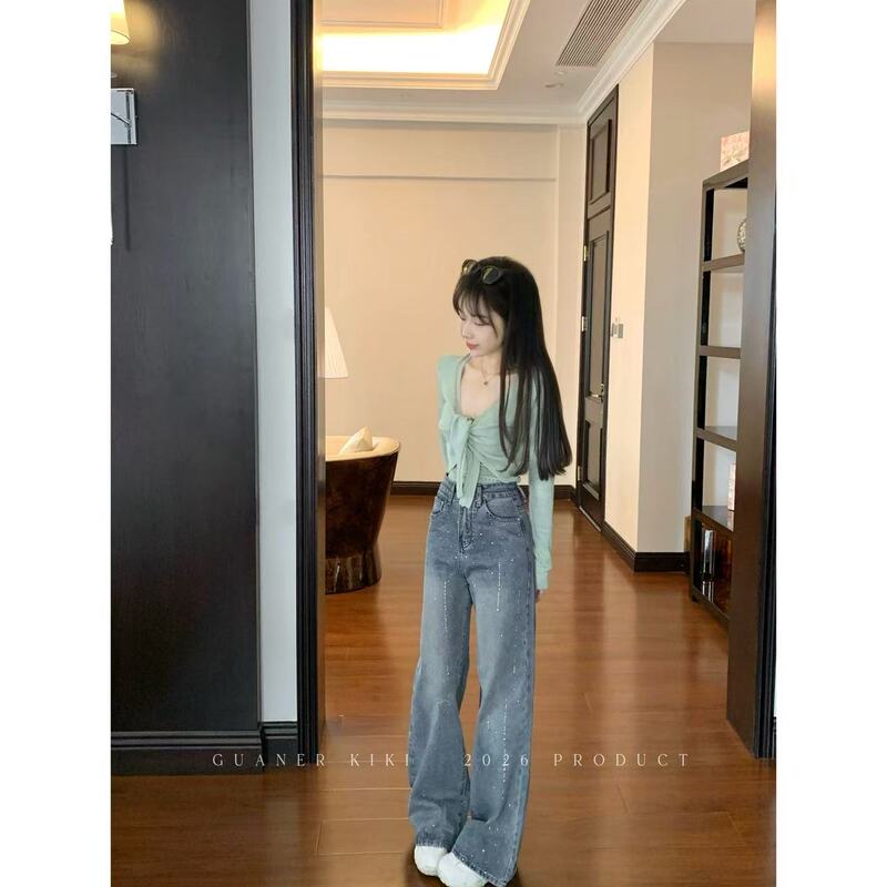 Kiki Starry Sky 3D Rhinestone Fashionable Straight Loose Jeans Versatile Wide-Leg Long Pants for Women