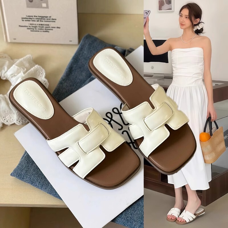 Italy Sanli~ Genuine Leather Slip-On Slippers for Women, Summer Casual, Fashionable, Versatile, Square Toe, Thick Heel, Slip-On Sandals