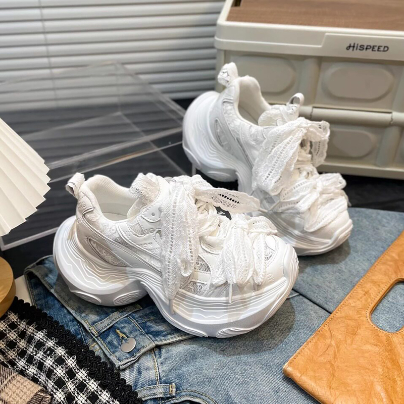 Italy Sanli~ Thick-Soled Height-Increasing Laser Silver Dad Shoes for Women, Versatile Lace Mesh Breathable Casual Sneakers