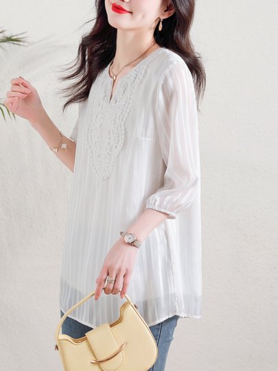 高端蕾丝雪纺衫v领大码女装中袖上衣宽松胖妹妹显瘦2025夏季新款