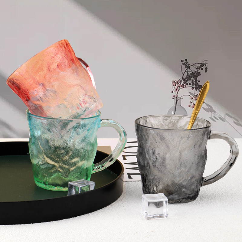 Japanese-Style Glacier Cup with Handle, Colorful Frosted Glass Cup, Trendy High-Appearance Water Cup, Juice Cup, Beer Cup