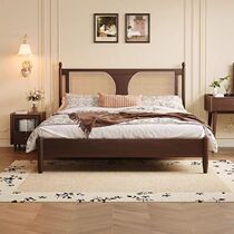 政彩家具实木藤编床1 8米双人床法式中古风卧室侘寂1 5单人床