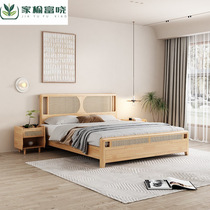 Rattan solid wood bed modern simple single bed 1 5 meters Japanese style log style small apartment bedroom apartment double bed