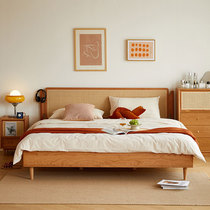 Nordic all solid wood black walnut double bed master bedroom modern simple Japanese cherry wood retro American rattan bed