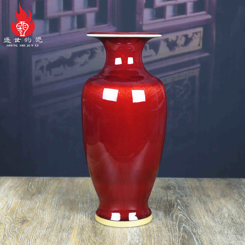Henan Yuzhou Jun Porcelain Vase Bedroom Desktop Decoration Ceramic Flower Vessel Ornament Jun Kiln Chicken Blood Red Large Guanyin Vase
