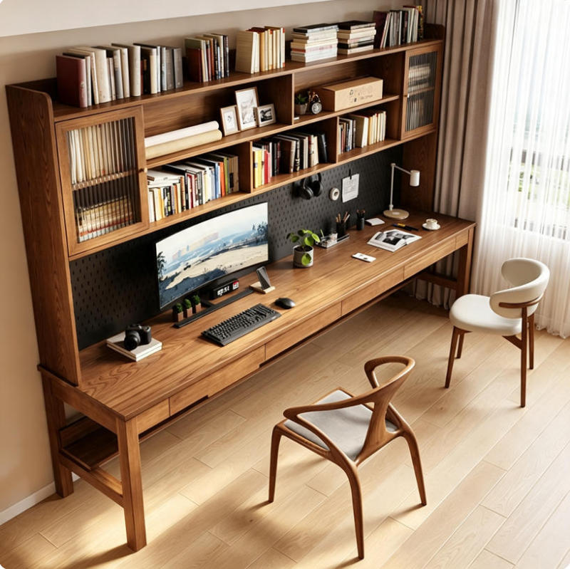 Perforated Board Solid Wood Long Desk with Bookshelf, Integrated Computer Desk with Drawers, Wall-Mounted Workbench Office Desk Sz006 Perforated Board Solid Wood Long Desk with Bookshelf, Integrated Computer Desk with Drawers, Wall-Mounted Workbench Office Desk Sz006