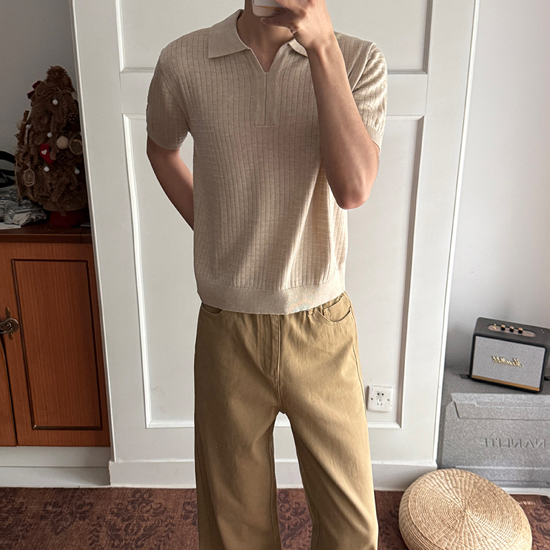 Gbhp【Silk-Gloss Wool + Mulberry Silk】Knitted Short-Sleeved Men's Summer Old Money Style Casual Ice Silk Lapel T-Shirt Gbhp【Silk-Gloss Wool + Mulberry Silk】Knitted Short-Sleeved Men's Summer Old Money Style Casual Ice Silk Lapel T-Shirt
