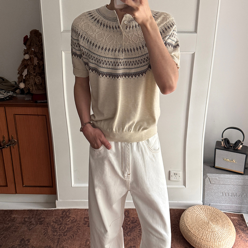 Gbhp Elegant Old Money Style Mercerized Wool Knitted Short-Sleeved Men's Summer Textured Fair Isle Jacquard Crew Neck T-Shirt Gbhp Elegant Old Money Style Mercerized Wool Knitted Short-Sleeved Men's Summer Textured Fair Isle Jacquard Crew Neck T-Shirt