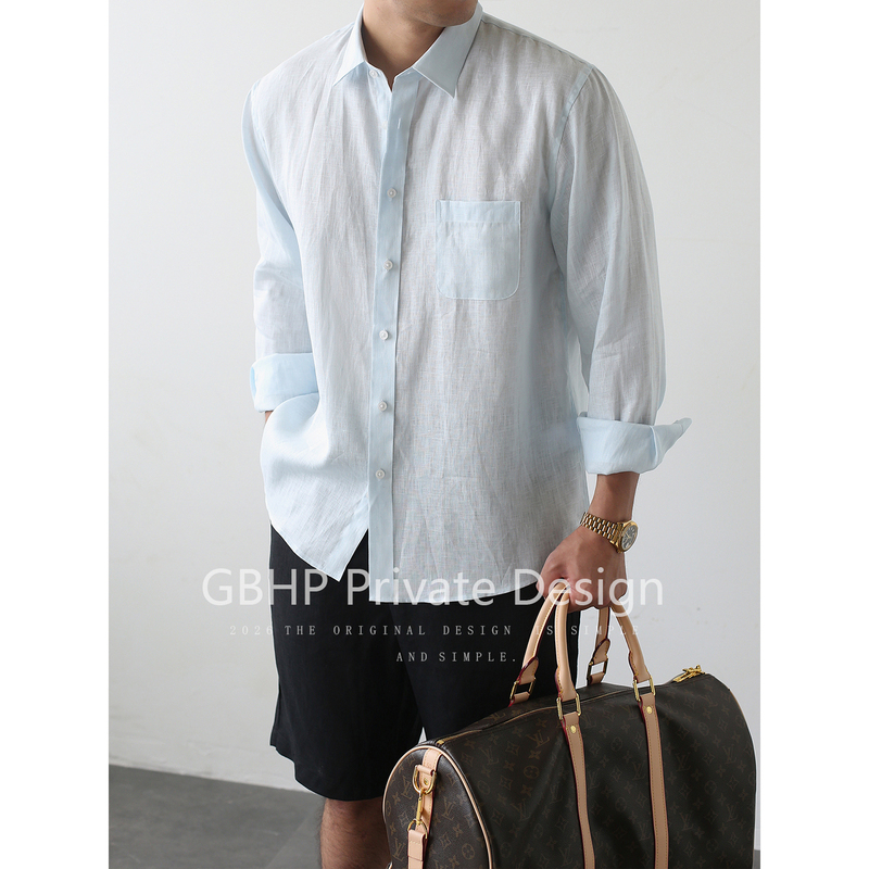 Gbhp【100 Linen】Old Money Style Long Sleeve Shirt for Men, Summer Casual Commuting Versatile Breathable Thin Shirt