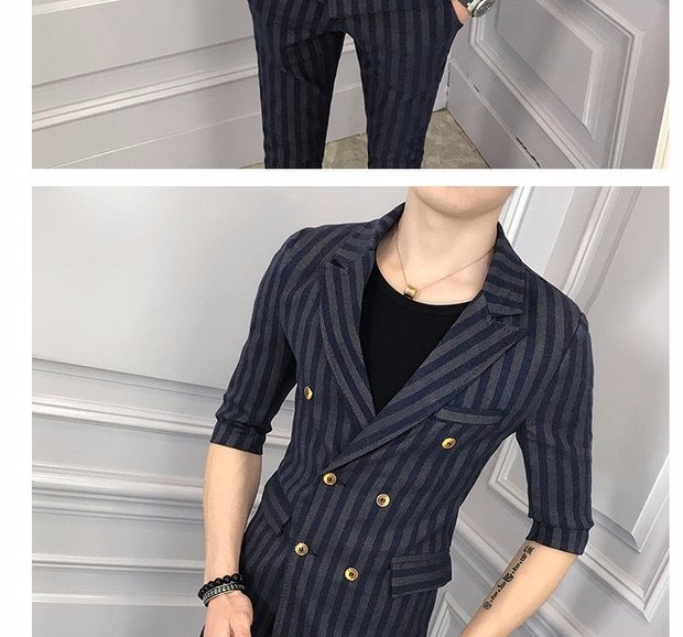 Bộ đồ ngắn tay phù hợp với nam Slim cá tính sọc khâu miễn phí đôi ngực nóng bỏng cơ thể thanh niên làm việc phía tây vest nam hàn quốc