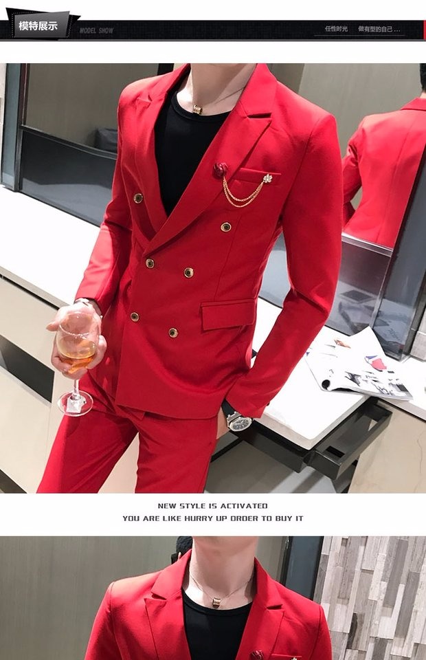 Bộ đồ vest nam phiên bản Hàn Quốc mỏng manh bốn mùa dài tay Slim đôi ngực rắn màu trẻ trung công sở 2 bộ đồ trắng áo nam