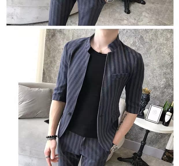 Mùa hè tay áo cổ áo sọc phù hợp với nam đẹp trai tự tu luyện miễn phí đêm nóng cửa hàng công sở phù hợp với chín quần phù hợp với quần kaki