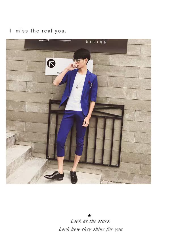 Bộ đồ ngắn tay nam phù hợp với phiên bản nam Hàn Quốc màu rắn Slim là quần lửng ống sắt không tay chín màu sơ mi nam