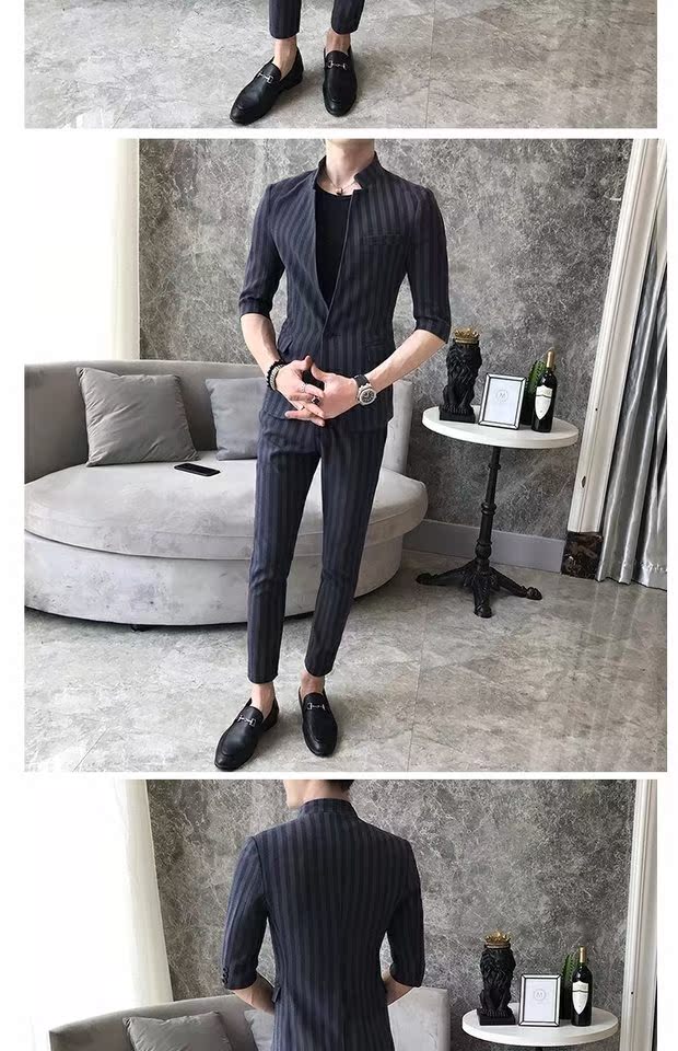 Mùa hè tay áo cổ áo sọc phù hợp với nam đẹp trai tự tu luyện miễn phí đêm nóng cửa hàng công sở phù hợp với chín quần phù hợp với quần kaki